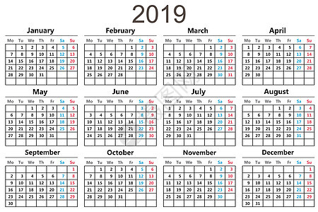 日历 2019 矢量插图 平面设计 在白色背景上被隔离规划师日记蓝色红色季节警报商业办公室数字桌子图片