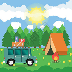 旅行车露营地景观 森林向日葵和篝火 平面样式的矢量插图图片
