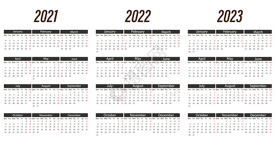 2021 2022 2023日历 周一 矢量插图 平面设计口袋传单网格英语季节日程日记打印时间海报背景图片
