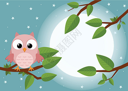 五颜六色的树与可爱的猫头鹰 卡通鸟在月亮森林里 平面矢量图艺术品动物装饰邀请函绘画生日艺术植物工作树枝图片