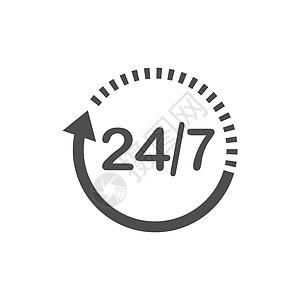 24 小时 7 天图标 时间时钟图标矢量图 平面设计店铺小时黑色网络电脑销售圆形标识插图白色图片