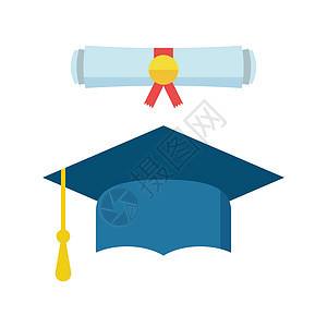毕业帽和文凭滚动图标矢量图在平面样式 完成教育符号 庆典元素 带有白色背景文凭的彩色毕业帽流苏学院帽子成就考试学校学生智慧校友网图片