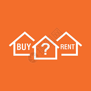 买或租房子 带有问题的白色主页符号 彩色橙色背景下平面样式的矢量插图图片