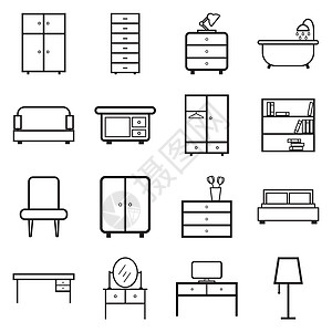 家具图标集 白色背景上的平面矢量图 网页设计的通用图标浴室插图沙发座位商业厨房长椅风格装饰架子图片
