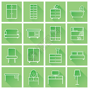 家具图标集 平面矢量图和绿色背景上的长阴影 网页设计的通用图标图片