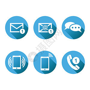 联系人按钮设置图标 电子邮件信封电话手机 带有阴影的圆形蓝色背景上平面样式的矢量插图图片