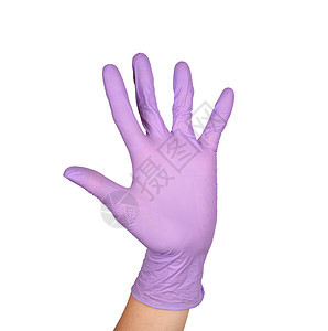 白色背景下乳胶外科手套标志中的波浪或喜手势 递上白色隔离的紫色乳胶手套 女人的手势或孤立在白色的标志图片