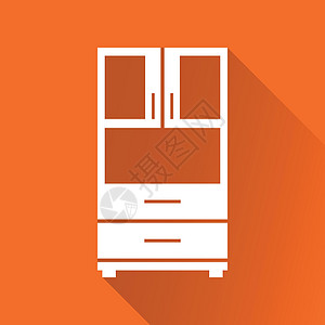 橙色背景与长长的阴影的橱柜图标 用于商业营销互联网的现代平面象形图 用于网站设计的简单平面矢量符号邮票架子装饰数据徽章橙子插图家图片