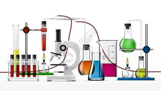 逼真的化学实验室设备套装 玻璃烧瓶烧杯酒精灯测试技术化学品乐器器皿药理插图创新科学微生物学图片
