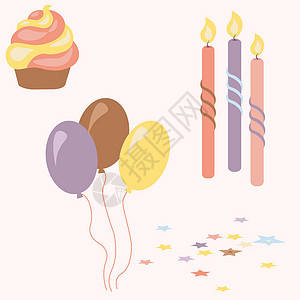 甜品台手淹蛋糕 蜡烛气球无缝模式 生日派对装饰元素和背景插画