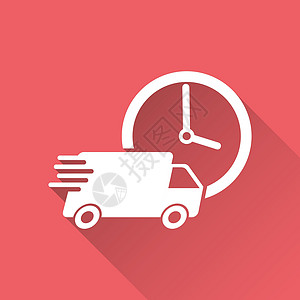 交付 24 小时卡车与时钟矢量图  24 小时快速送货服务航运图标 红色背景上用于商业营销或移动应用程序互联网概念的简单平面象形图片