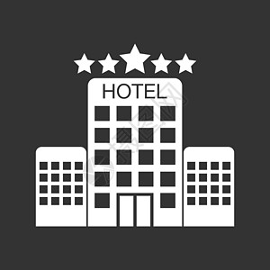 在黑色背景上隔离的酒店图标 商业营销互联网概念的简单平面象形图 用于网站设计或移动应用程序的时尚现代矢量符号公司公寓城市建筑太阳图片