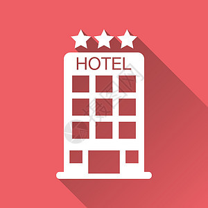 酒店图标隔离在红色背景和长长的阴影 商业营销互联网概念的简单平面象形图 用于网站设计或移动应用程序的时尚现代矢量符号建筑窗户黑色图片