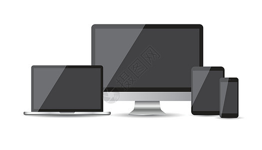 现实设备平面图标和台式计算机 白色背景上的矢量图解监视器办公室手机软垫互联网电话网站网络药片屏幕背景图片