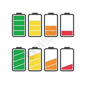 在白色背景上隔离的电池图标矢量集 电池电量满和低的符号 电池电量平面矢量图解累加器收费力量燃料红色按钮技术艺术碱性电子产品图片