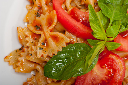 意大利意大利面 遥远的蝴蝶和番茄酱草本植物食物午餐烹饪营养领结乡村美食食谱盘子图片