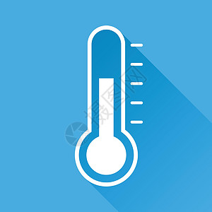 温度计图标 在带有长阴影的蓝色背景上孤立的目标平面矢量图工具技术诊断冻结控制天气科学温度摄氏度医疗图片