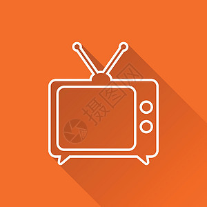电视图标矢量插图在橙色背景与长阴影上孤立的线条样式 网站的电视符号电影视频手表娱乐天线黑色橙子展示电气播送图片