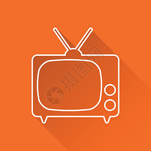 电视图标矢量插图在橙色背景与长阴影上孤立的线条样式 网站的电视符号电气视频播送电影屏幕技术古董广播手表黑色图片