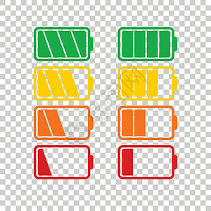 在孤立的背景上设置的电池图标矢量 电池电量满和低的符号 电池电量平面矢量图解电气燃料技术活力艺术按钮红色细胞充电器电子产品背景图片