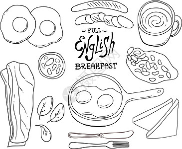 全套英式早餐 漂亮的手绘矢量食物插画草图盘子午餐英语咖啡店绘画插图美食餐厅熏肉图片
