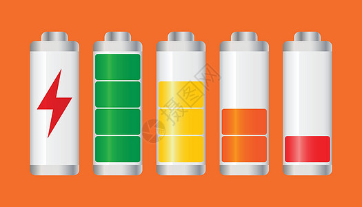 一组电池电量指示器 橙色背景上的矢量图图片