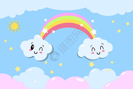带云彩和心形的可爱矢量彩虹 — 卡哇伊风格插图 来自儿童童话与星星 EP图片