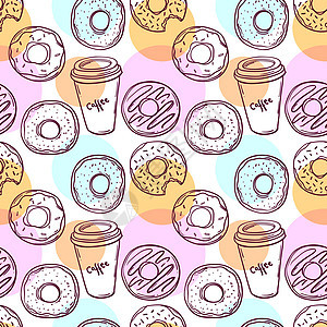 手绘甜甜圈食物咖啡店巧克力粉色甜点蛋糕草图咖啡素描矢量背景图片