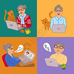 有膝上型计算机的愉快的祖母 手绘美丽的矢量图和祖母女性奶奶女士老年笔记本桌子宠物电脑退休成人图片