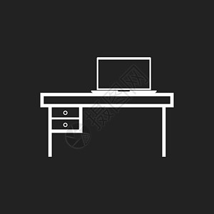 带有膝上型计算机图标的家具表 黑色背景上的表矢量图展示笔记本屏幕办公室技术白色工作插图桌子监视器图片