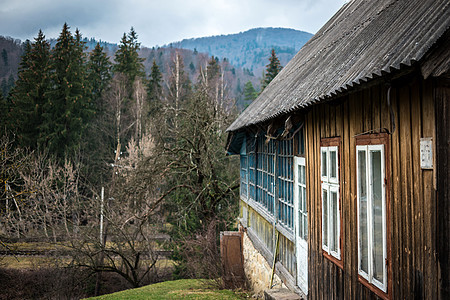 山上有小木屋的风景荒野场景建筑小屋木材松树自然爬坡房子住宅图片