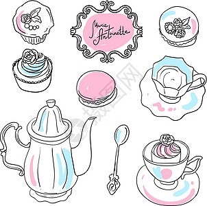 茶和糖果的顶级竞争勺子咖啡店飞碟蛋糕食物蓝色女孩插图饮料茶壶图片