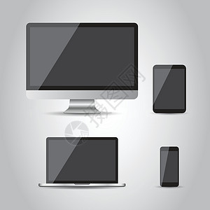 现实设备平面图标和台式计算机 灰色背景上的矢量图解小样软垫空白插图屏幕手机展示技术笔记本白色图片