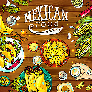 漂亮的手绘插画木头上的墨西哥食物 textyr绘画午餐美食植物牛肉玉米烹饪草本植物胡椒插图图片