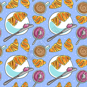 羊角面包和咖啡 餐厅菜单的手绘美丽素描风格插图咖啡店绘画艺术盘子食物甜点拿铁杯子店铺草图图片