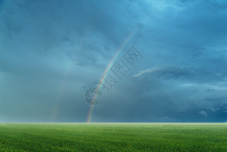 蓝色天空中的彩虹天气草地场地阳光季节绿色地平线美丽风景植物图片