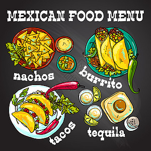 漂亮的手绘墨西哥食物它制作图案美食烹饪草本植物插图胡椒牛肉绘画黑板玉米午餐图片