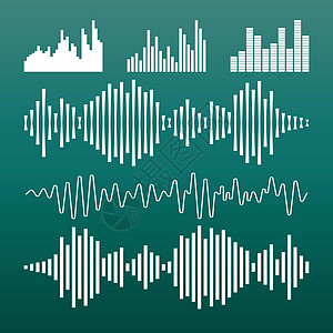矢量声音波形图标 绿色背景下的声波和音乐脉冲矢量图图片