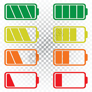 在孤立的背景上设置的电池图标矢量 电池电量满和低的符号 电池电量平面矢量图解碱性力量红色燃料技术电子产品插图活力艺术细胞图片