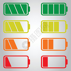 灰色背景上孤立的电池图标矢量集 电池电量满和低的符号 电池电量平面矢量图解技术燃料充电器红色艺术力量插图电子产品按钮碱性背景图片
