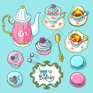 茶和糖果的顶级竞争饮料美食蛋糕茶壶叶子蓝色咖啡店液体插图厨房图片