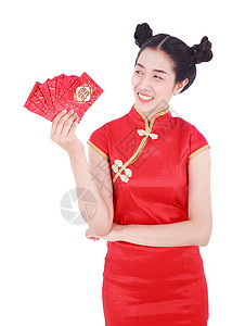 女人穿着青森服 拿着红包 概念是幸福的中国新年 在白种背景上隔绝文化庆典手势微笑惊喜裙子信封快乐问候语戏服图片