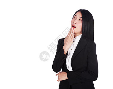 与白背景隔绝的身着西装的企业妇女感到惊讶成人女性情感商务办公室商业压力管理人员工作室手势图片
