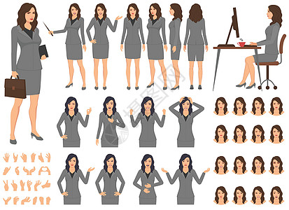 一套卡通女企业家特征矢量设计女性手势工作办公室收藏衣服推介会身体人士手臂图片