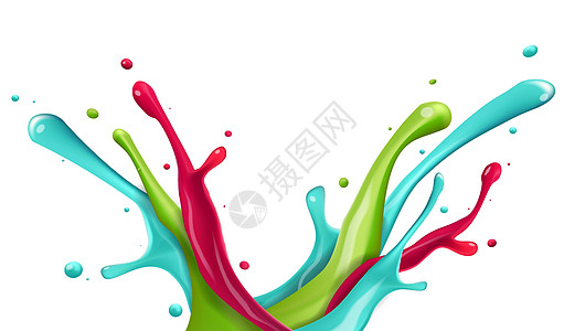 白色背景上的彩色水溅红色屁股飞溅水滴插图液体绿色嘶嘶气泡运动图片