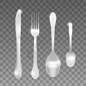 逼真的金属汤匙和茶匙插图厨房勺子咖啡店餐具早餐桌子盘子刀具银器图片