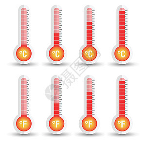 具有不同级别的摄氏和华氏温度计图标 在白色背景上孤立的平面矢量图烧瓶灯泡玻璃成就生长天气活动机构商业插图图片
