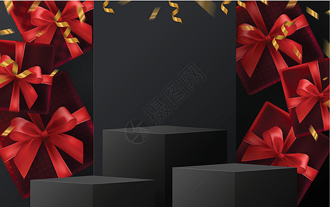黑色星期五背景和圆形讲台礼盒红丝带和工艺风格的金色浮动丝带盒子产品渲染圆圈小样礼物奢华圆柱作品展示图片