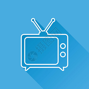 电视图标矢量插图在蓝色背景与长阴影上孤立的线条样式 网站的电视符号信号电影广播手表模拟电气展示天线黑色屏幕图片
