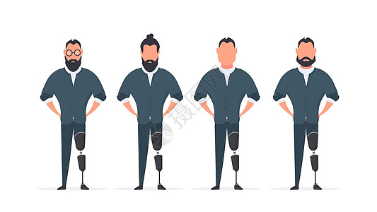 一组有假腿的男子 残疾人 矢量者低角度男人膝盖技术衣服姿势微笑幸存者冒充截肢图片